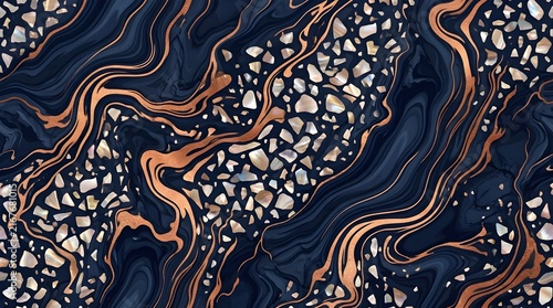 Terrazzo marble texture featuring dark blue liquid swirls and metallic copper veins for luxury interior design usage.