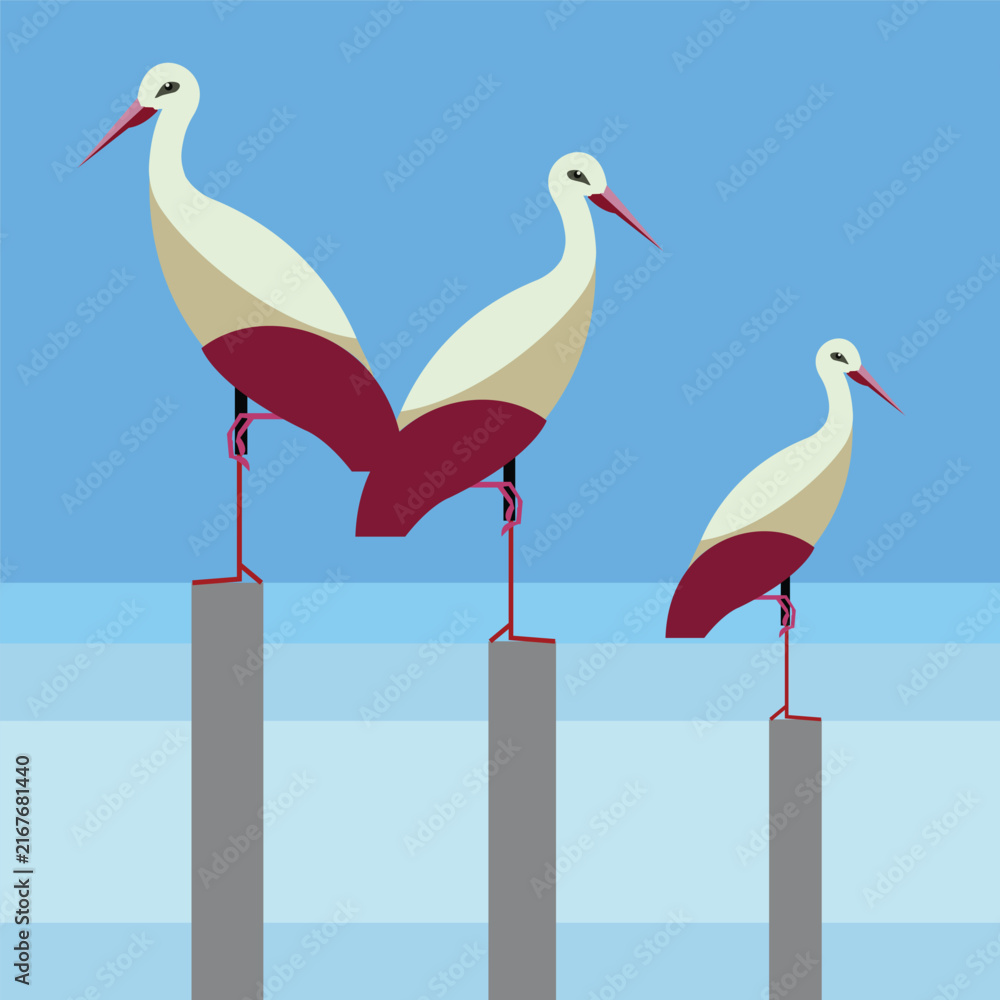 Naklejka premium Minimalist flat vector illustration of three storks with burgundy wings standing on poles against a blue background