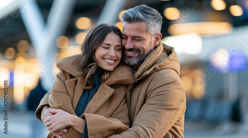 Man and woman embracing warmly after a long journey, emotional reunion, airport homecoming, love, travel, relationship, happiness, cinematic light, with copy space