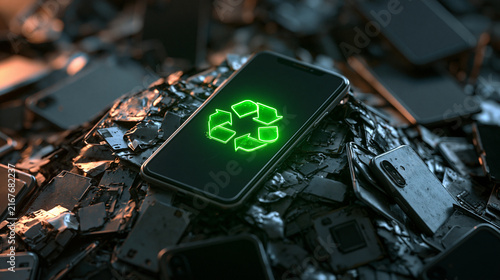 A glowing green recycling symbol on a smartphone screen resting atop a pile of electronic waste. Concept of sustainable technology and e-waste management.