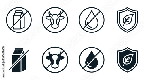 Lactose free and organic product labels vector icons with prohibition restricted intolerance certification