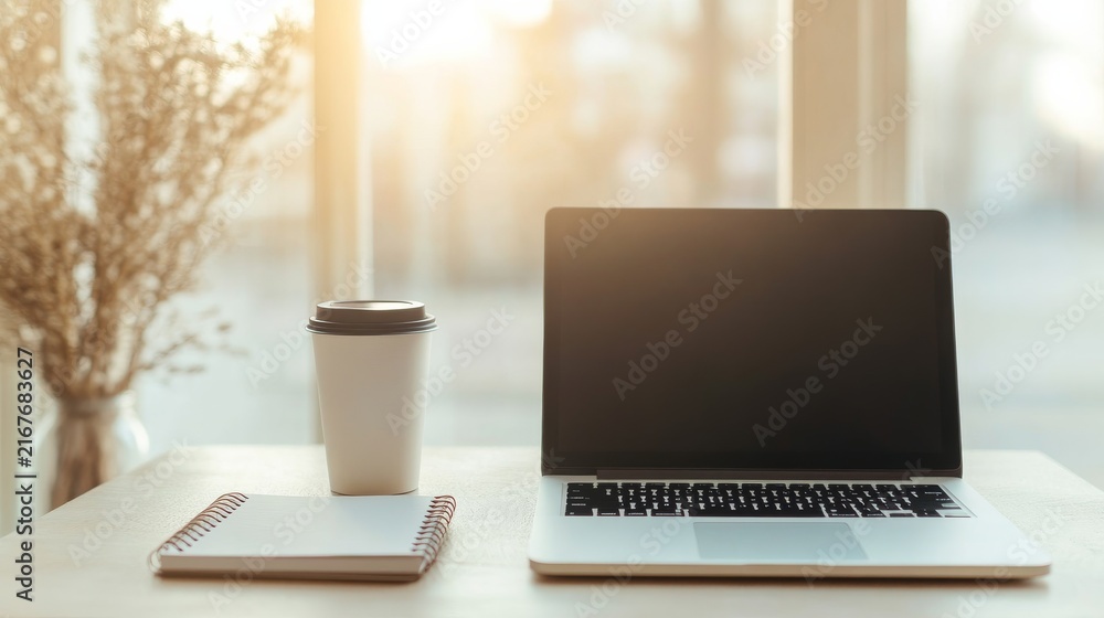 Fototapeta premium Flexible Creative Work Routine: Modern Cafe Table With Laptop Coffee Cup Notebook Soft Mornin