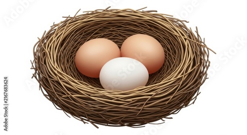 Three eggs nestled in a woven bird nest