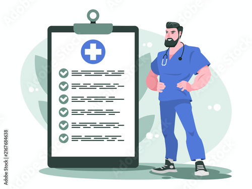 Health care and treatment. Health insurance concept. Man in medical uniform near notepad