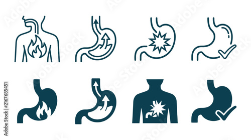 Heartburn acid reflux stomach pain symptom medical vector icons and treatment symbols with heartburn