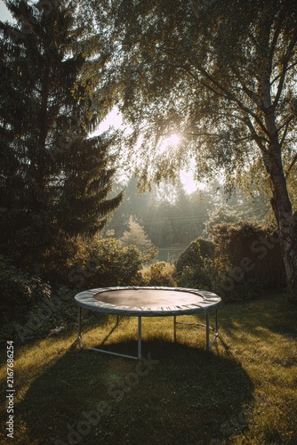 Large outdoor trampoline surrounded by green grass in a play area, featuring a safety net and zipper entry for secure jumping fun