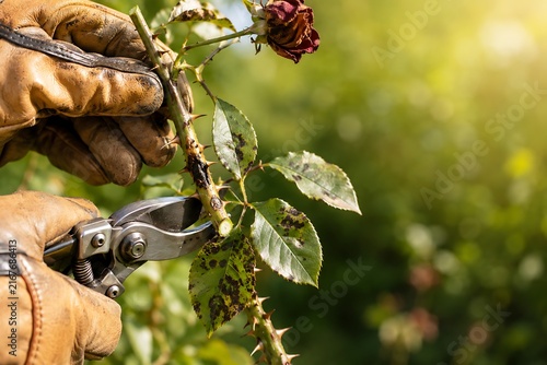 Pruning rose bush with garden shears