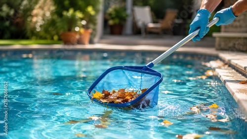 Pool net collecting leaves from swimming pool