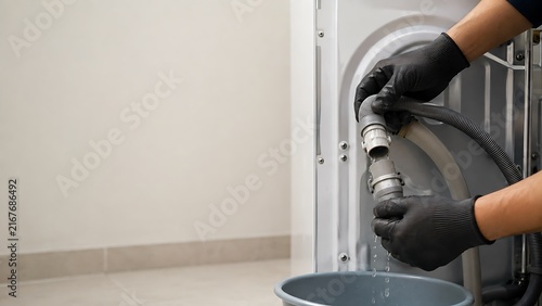 Person fixing washing machine drain hose leak