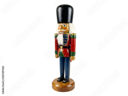 Vintage wooden nutcracker soldier illustration, traditional Christmas nutcracker figurine, hand-painted holiday toy soldier with red uniform isolated on Transparent Background