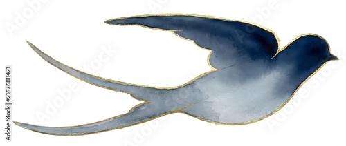 Watercolor swallow in flight with extended wings and forked tail