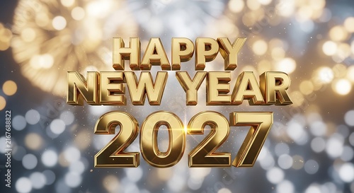 Golden happy new year 2027 text with shiny metallic letters against a blurred festive background with glowing bokeh lights