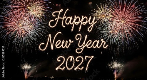Bright colorful fireworks display illuminating the dark night sky with elegant text wishing a happy new year 2027