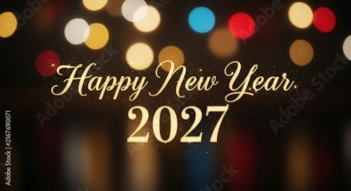 Elegant gold text message wishing a happy new year 2027 set against a dark background with colorful bokeh lights