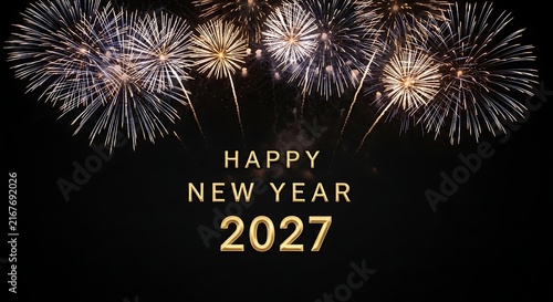Stunning golden fireworks display lighting up the night sky to celebrate the arrival of the new year 2027 holiday
