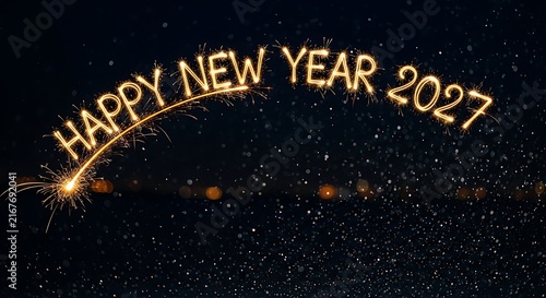 Sparkling golden text reading happy new year 2027 written with light trails against a dark black starry night background