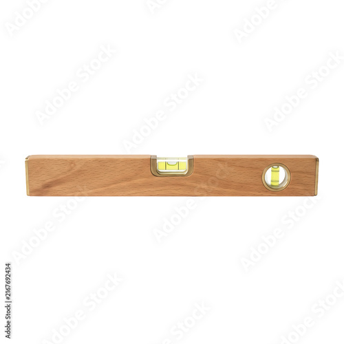 Traditional wooden spirit level resting horizontally against a clean black background featuring brass corner protections
