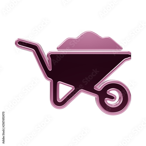 3 d glossy metallic pink wheelbarrow with soil heap, construction symbol for builders and landscaping isolated on a transparent background