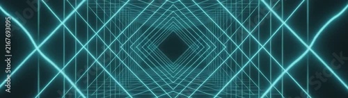 Glowing cyan grid lines creating an endless geometric tunnel Digital data visualization for virtual reality and technology concepts.