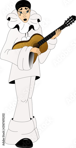 A sad Pierrot with a guitar in his hands. A fairy-tale character.