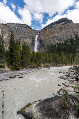 Takakkaw Falls in Yoho National Park, Canada, cascading down a dramatic Rocky Mountain cliff above dense evergreen forest on a scenic summer day.