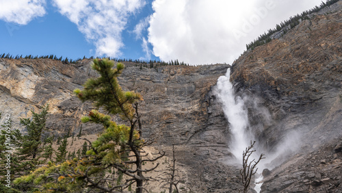 Takakkaw Falls in Yoho National Park, Canada, cascading down a dramatic Rocky Mountain cliff above dense evergreen forest on a scenic summer day.