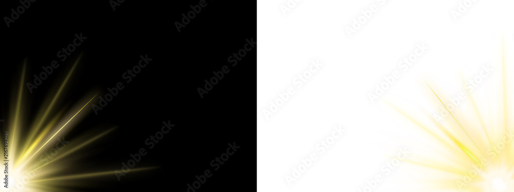Fototapeta premium Golden glowing sunburst light rays corner flare with radiant abstract on black and transparent background design effect