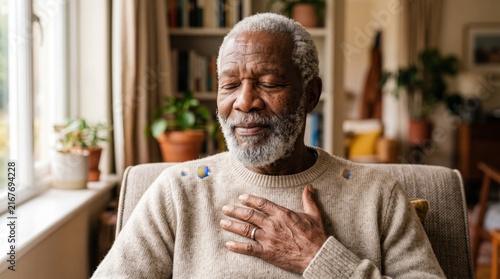 Senior African American Man Practicing Mindfulness and Deep Breathing at Home