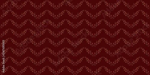 Exquisite dark burgundy seamless pattern featuring rhythmic zigzag chevron rows, delicate gold autumn twigs, and tiny red berries, ideal for stylish home textile wallpaper on a transparent background.