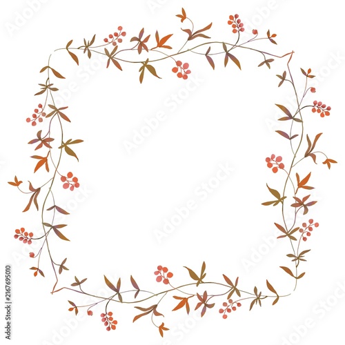 Exquisite watercolor botanical square frame featuring delicate autumn twigs, vibrant berries, and graceful leaves, ideal for custom wedding invitations and greeting cards on a transparent background.