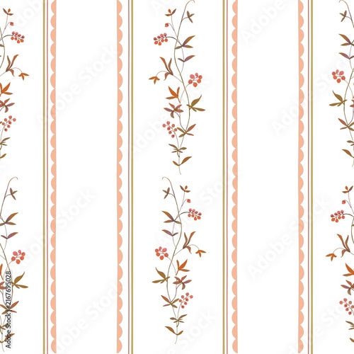 Elegant vintage botanical stripe pattern with delicate berry branches, autumn leaves and scalloped borders in warm terracotta, peach and olive tones. Perfect for wallpaper, fabric and stationery.