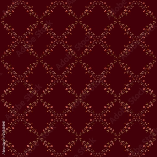 Exquisite dark burgundy seamless pattern featuring intricate gold diamond trellis, delicate autumn twigs, and rich vintage motifs, ideal for luxurious upholstery and decor on a transparent background.