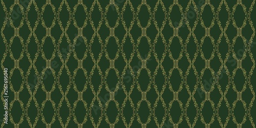 Charming dark green seamless pattern showcasing golden diamond lattice, delicate foliage accents, and fine vintage motifs, perfect for sophisticated interior upholstery on a transparent background.