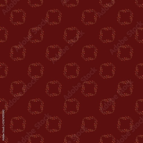 Sophisticated dark burgundy pattern with delicate botanical square frames formed by tiny autumn branches, leaves and berries in warm rust and golden brown tones.