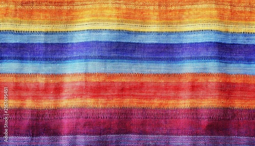 Vibrant woven fabric showcasing colorful stripes in various shades of red, orange, blue, and purple for creative textile and design inspiration