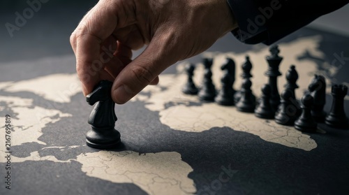 A hand placing a chess piece on a world map to represent global business expansion.