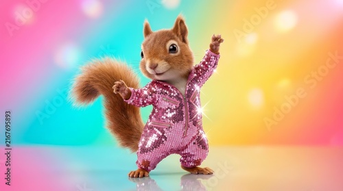 Funny animal wearing a sparkly pink sequin jumpsuit dancing in a whimsical style.