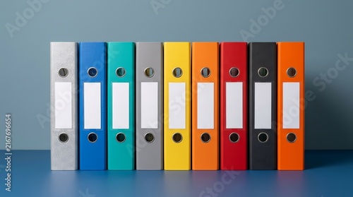Multicolor ring binders standing in a neat line against a blue background.