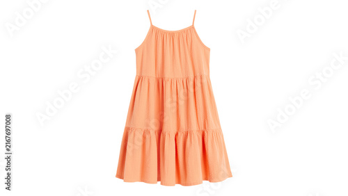 Obraz na płótnie Peach colored sleeveless tiered summer dress with thin straps