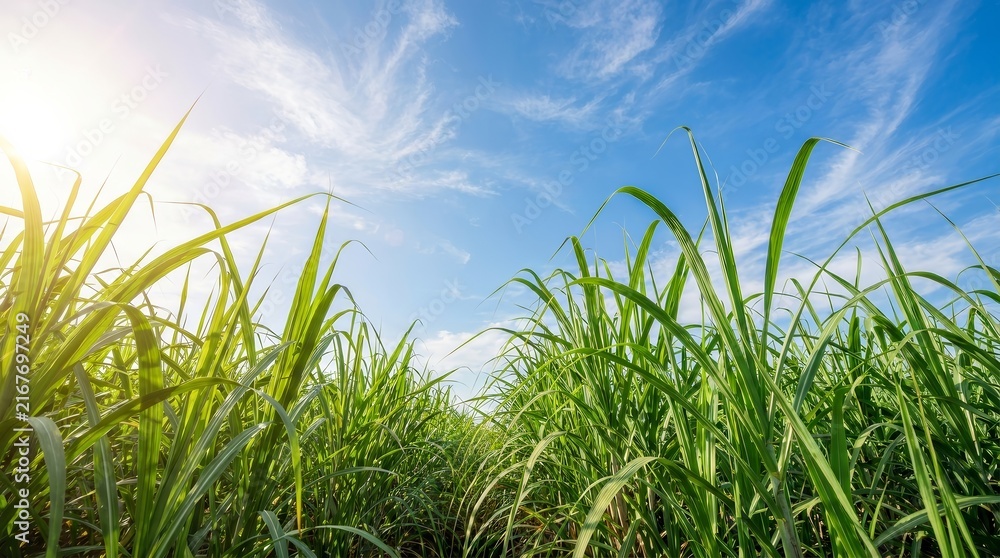 Fototapeta premium A lush green sugarcane field representing agriculture, farming, and crop production.