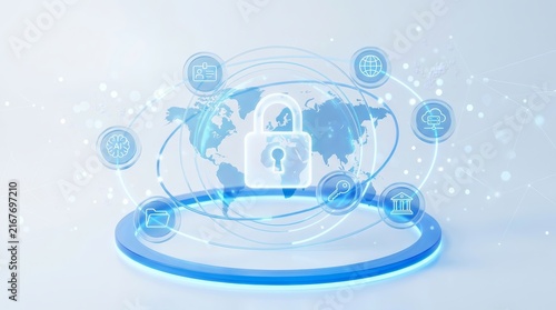 3D rendering of a digital security lock and data protection symbols surrounding a world map.