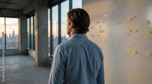 Over-the-shoulder view of a professional reviewing yellow sticky notes on a bare whiteboard in a desolate office.