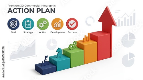 Business strategy infographic with steps for goal, action, development, and success.