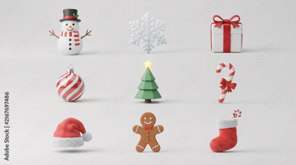 Naklejka premium A collection of cute three dimensional icons representing classic Christmas themed objects