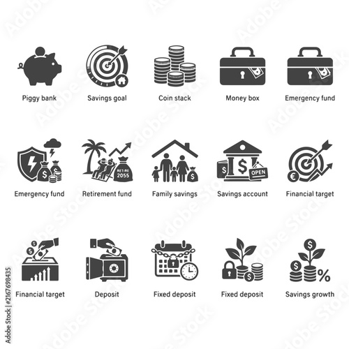 Savings, Financial Goals, and Retirement Fund Vector Icon Set, Minimalist Black Piggy Bank, Savings Goal, Emergency Fund, Family Savings, Savings Account, Fixed Deposit, and Money Growth Symbols for 
