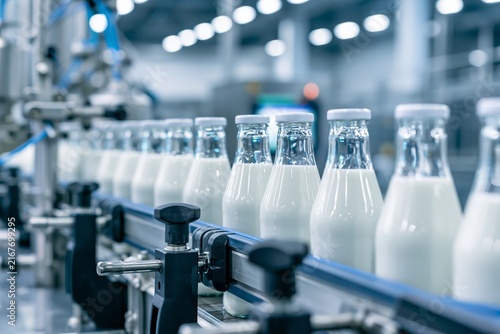 Automated Milk Bottling Line Fills Glass Bottles With Fresh Pasteurized Milk in a Dairy Processing Facility