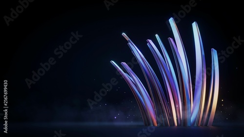 Abstract display of iridescent metallic tubes rising from a dark surface symbolizes growth, innovation, and digital elegance.