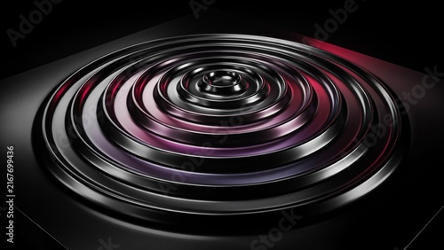 Abstract dark metallic circles with glowing red and purple rings, perfect for technology and futuristic design backgrounds.