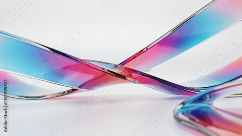 Iridescent glass ribbons flowing in elegant curves with vibrant blue and magenta hues for high end commercial advertising visual concepts.