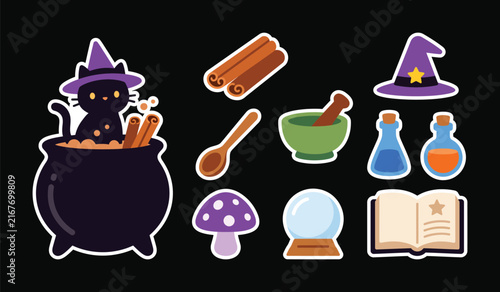Cute black cat witch cauldron and magic potion bottle stickers vector set with halloween stickers magic items witchcraft symbols crystal ball spell book mystical vector cauldron mushroom